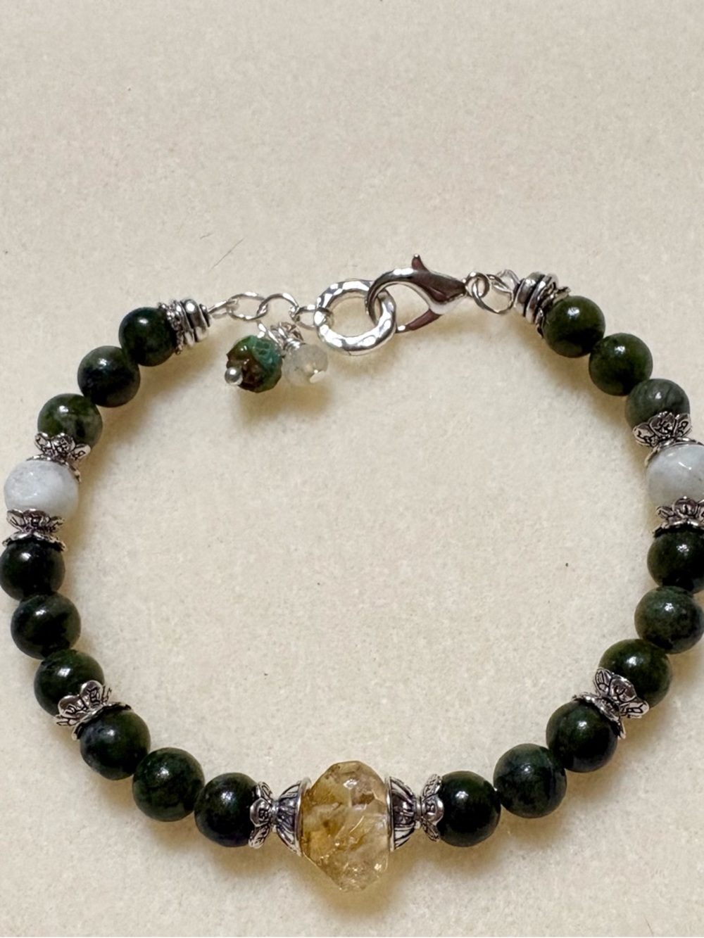 Green Moss Jasper and Citrine Beaded Bracelet - with moonstone accents